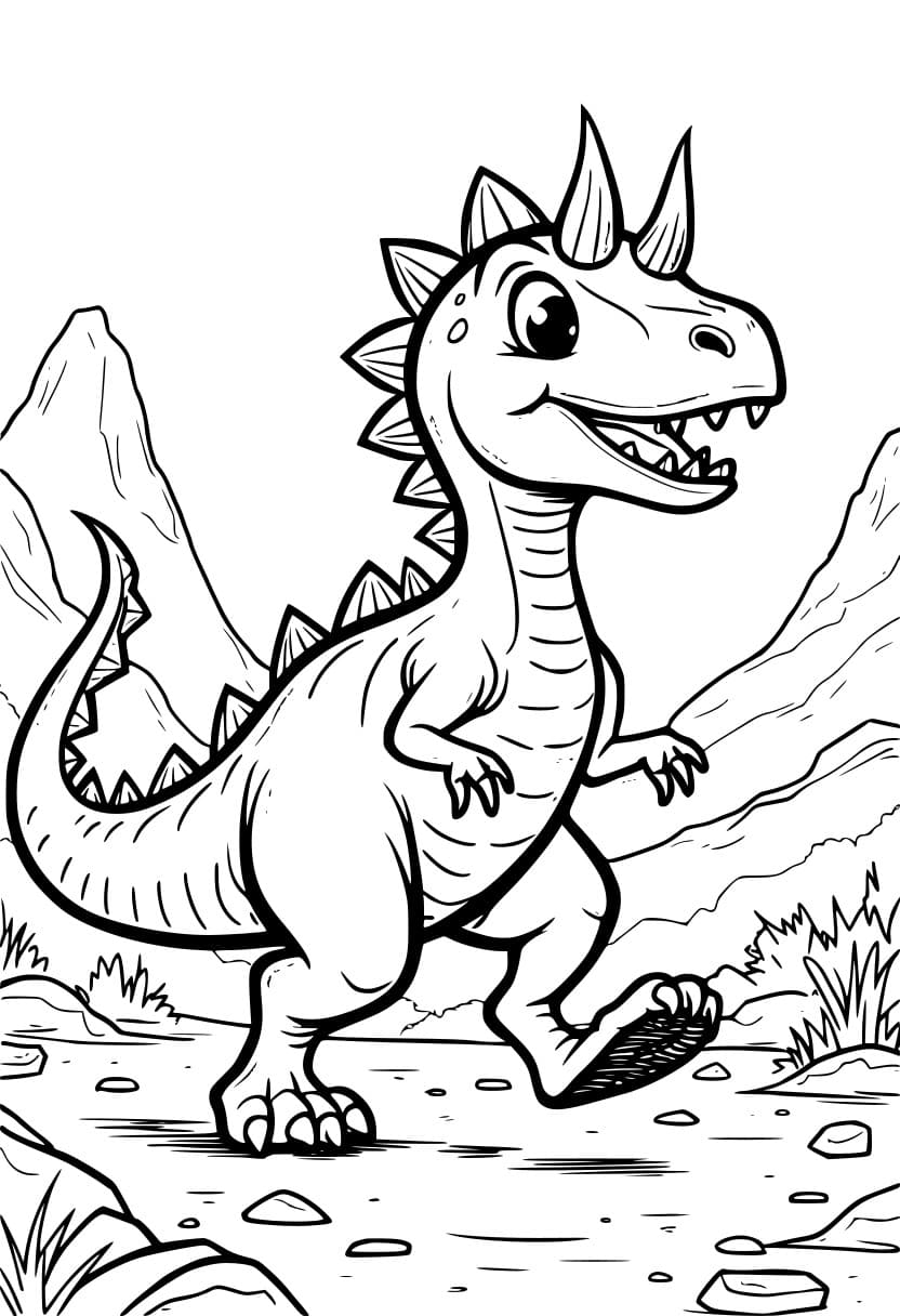 Coloring page of a Carnotaurus running on dusty ground.