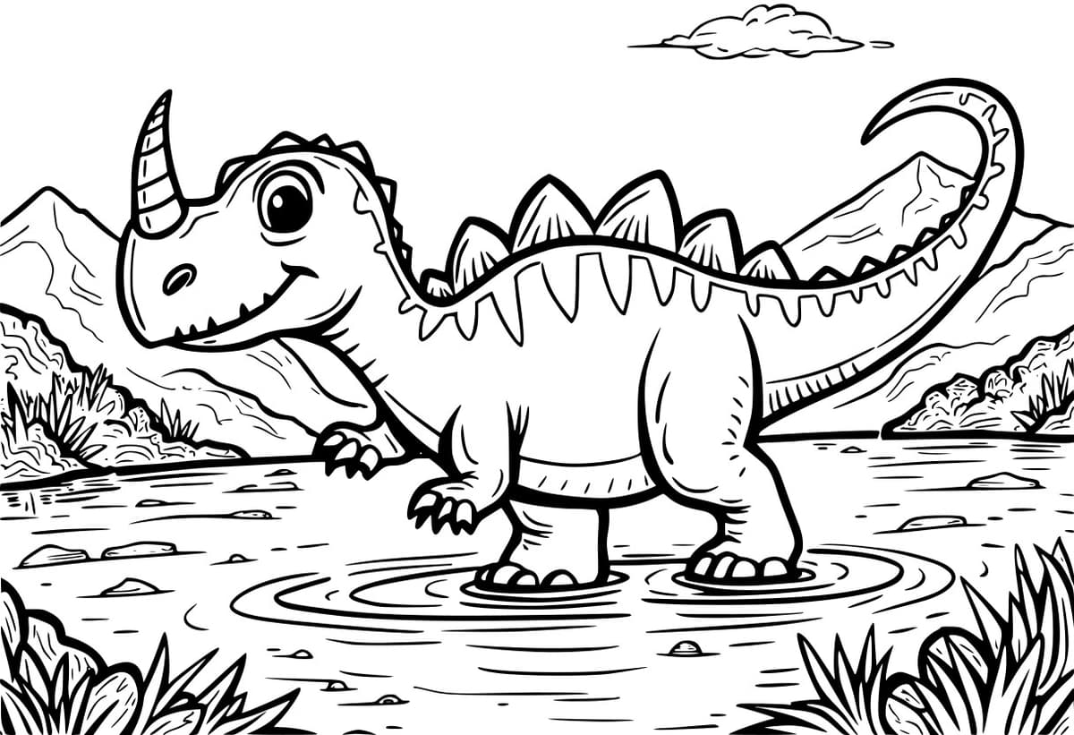 Coloring page of a Ceratosaurus near a river.
