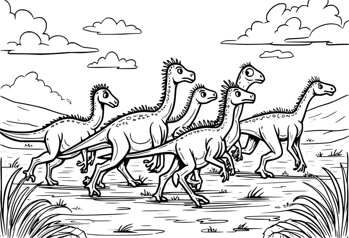 Coloring page of a herd of Gallimimus dinosaurs running.