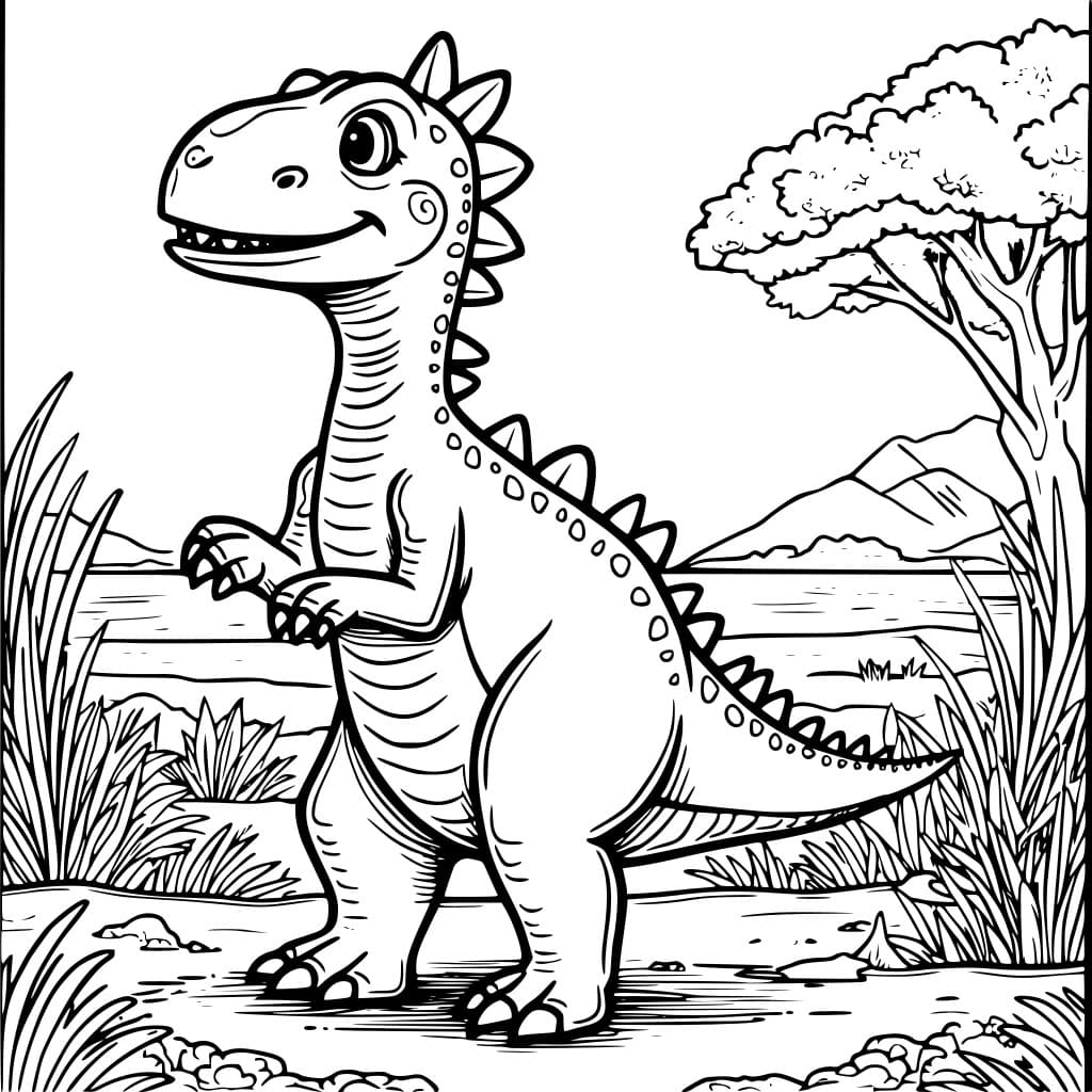 Coloring page of an Iguanodon showing thumb spikes on a plain.