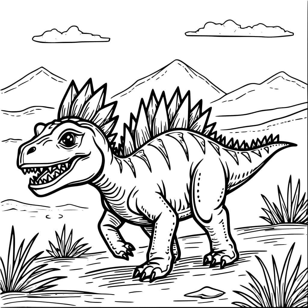Coloring page of a Kentrosaurus on a dry plain.