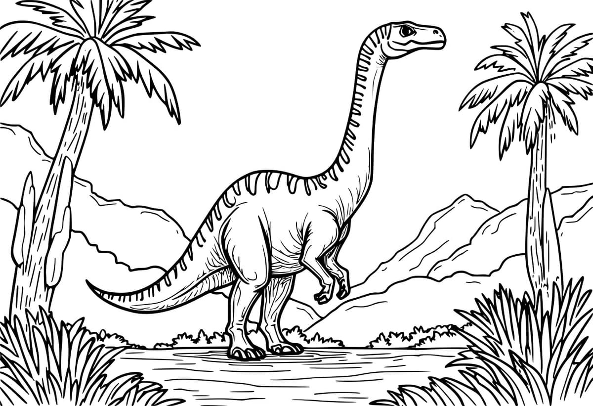 Coloring page of a Mamenchisaurus reaching up to tall trees.