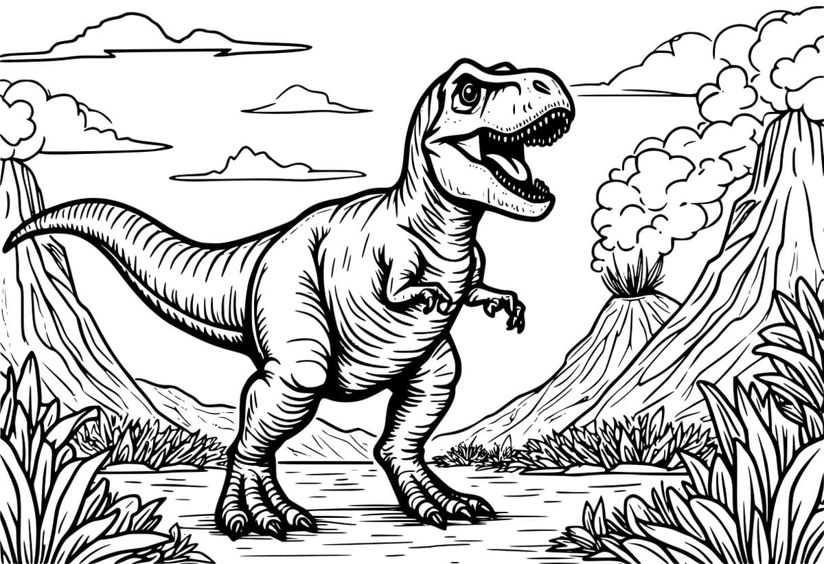 Coloring page of a roaring Tyrannosaurus Rex in front of volcanoes.