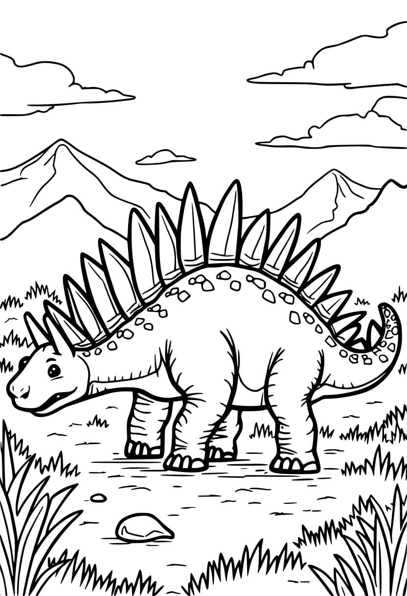 Coloring page of a Stegosaurus with plates and spiked tail on a grassy plain.
