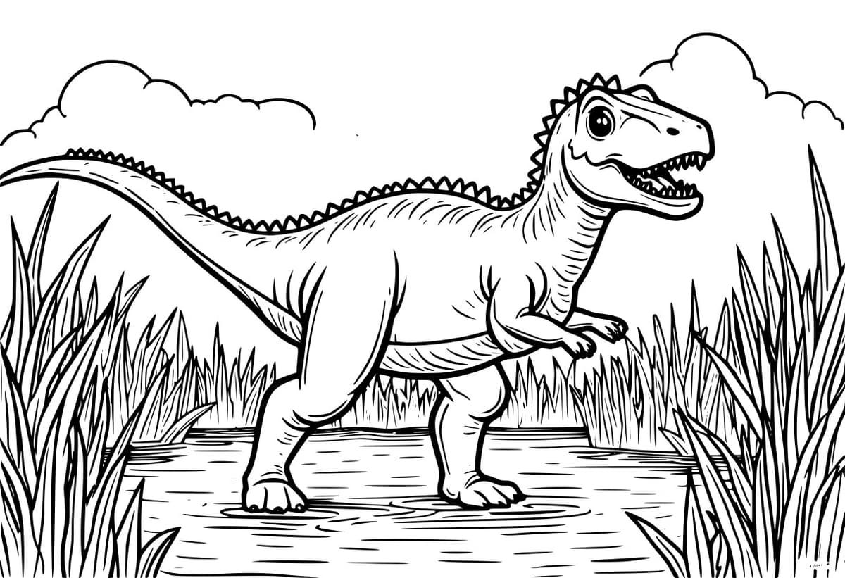 Coloring page of a Therizinosaurus in a swampy area.