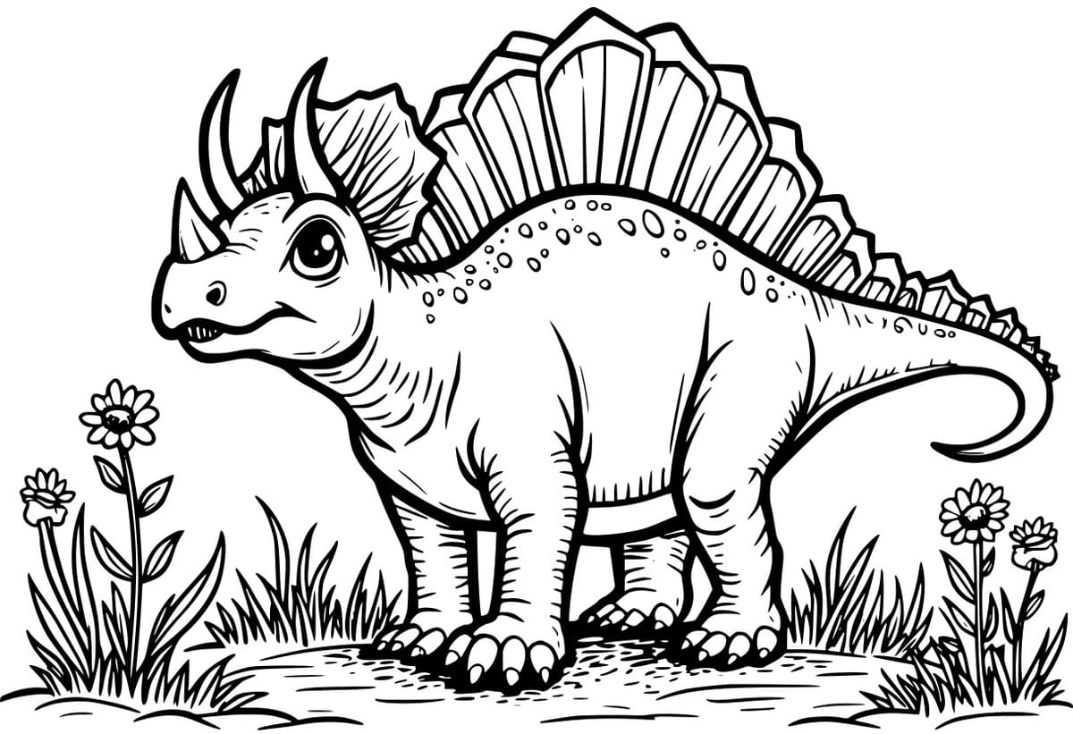 Coloring page of a Torosaurus on a grassy plain.