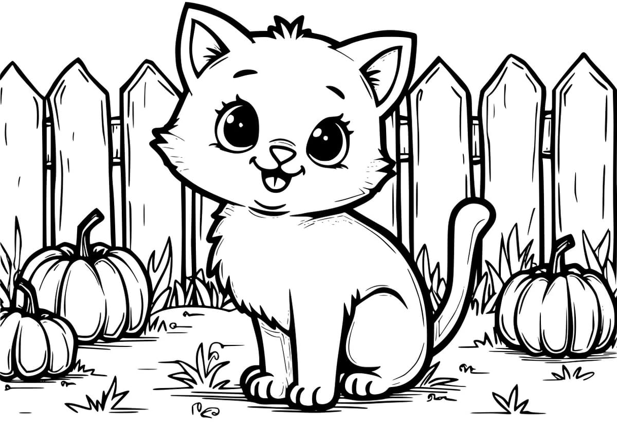 Coloring page of a friendly cat sitting by a fence with pumpkins.