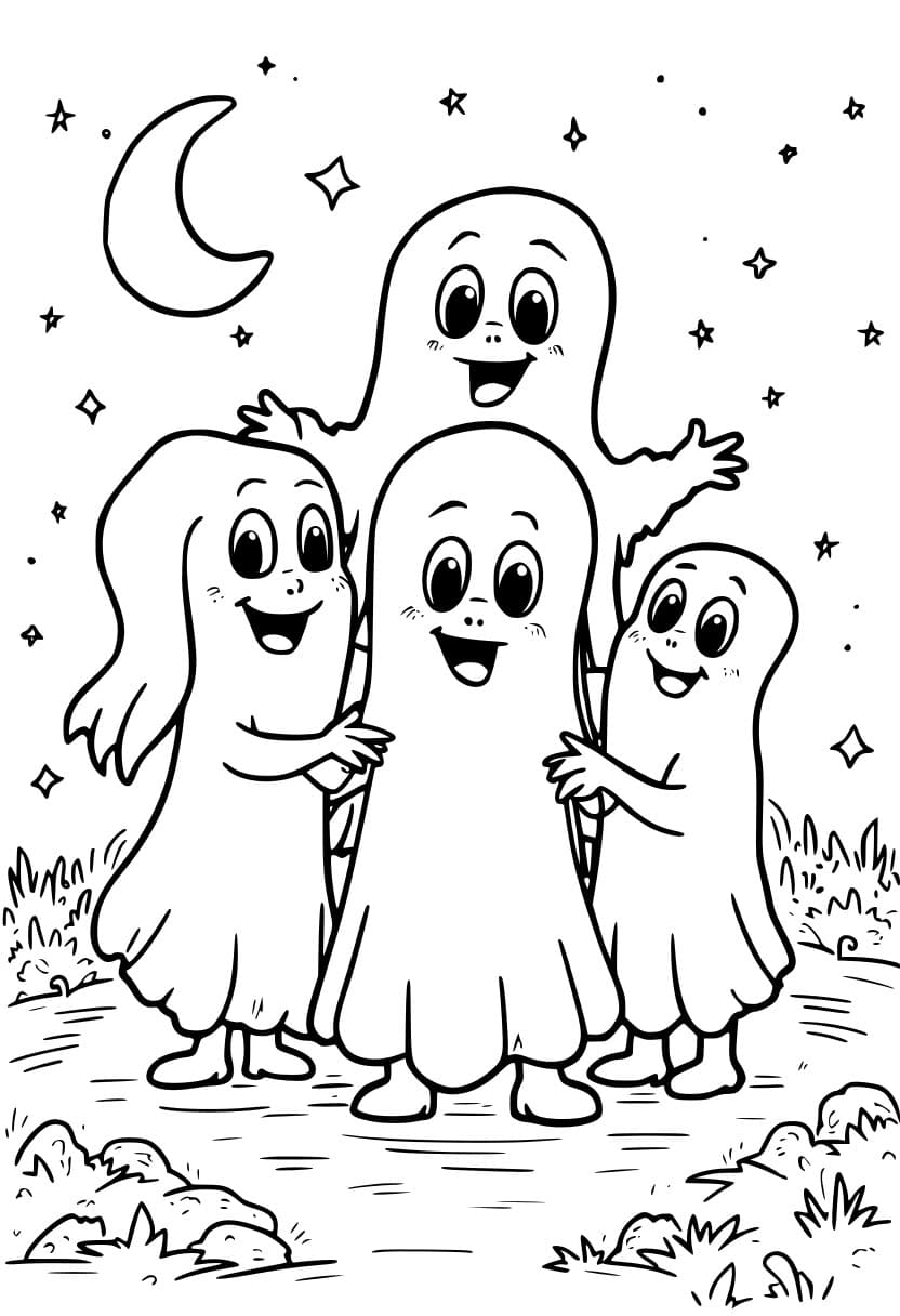 Coloring page of a family of smiling ghosts under a starry night sky.