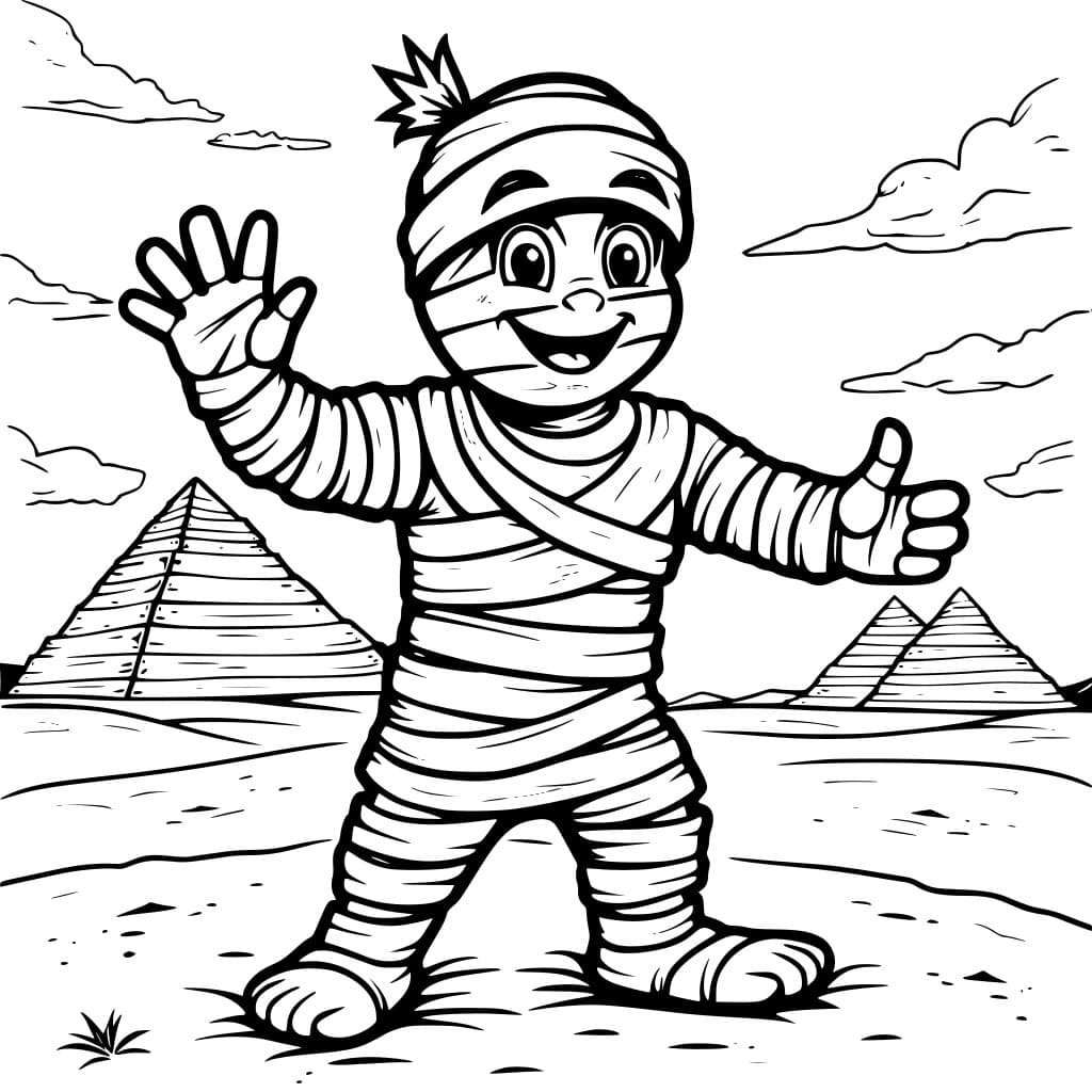 Coloring page of a happy mummy waving with pyramids in the background.