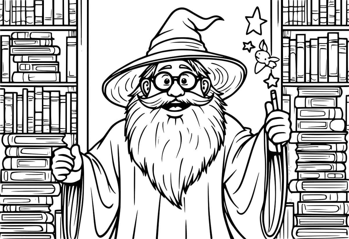 Coloring page of a smiling wizard casting a spell in front of bookshelves.