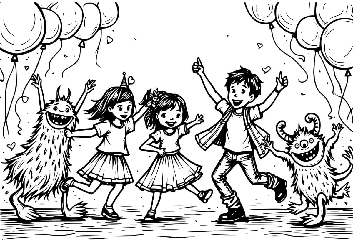 Coloring page of kids and friendly monsters at a Halloween party with balloons.