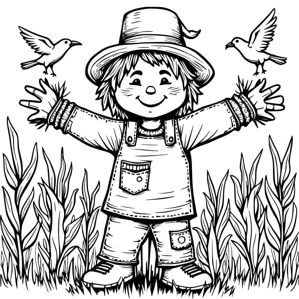 Coloring page of a smiling scarecrow in a cornfield with crows.