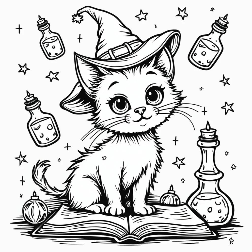 Witch cat coloring page