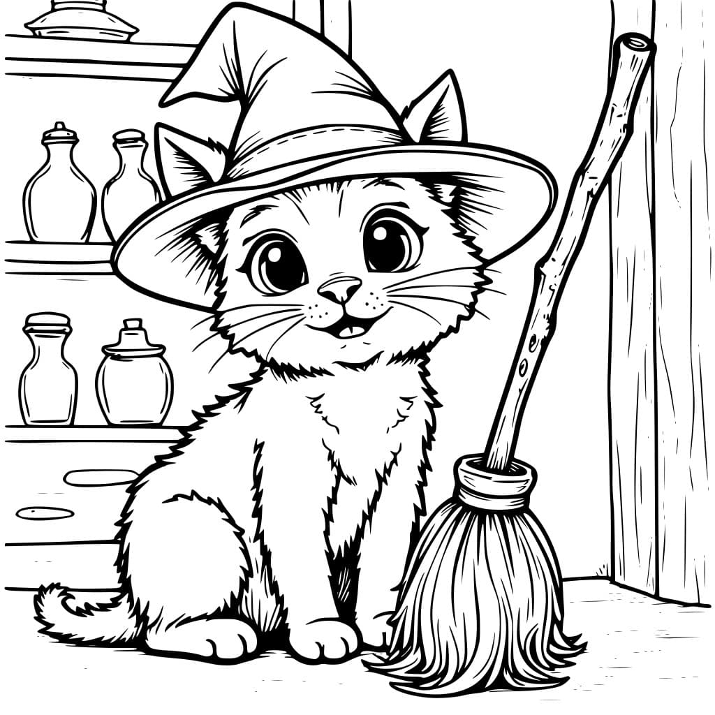 Coloring page of a cute cat next to a witch's hat and broom with potion bottles on a shelf.