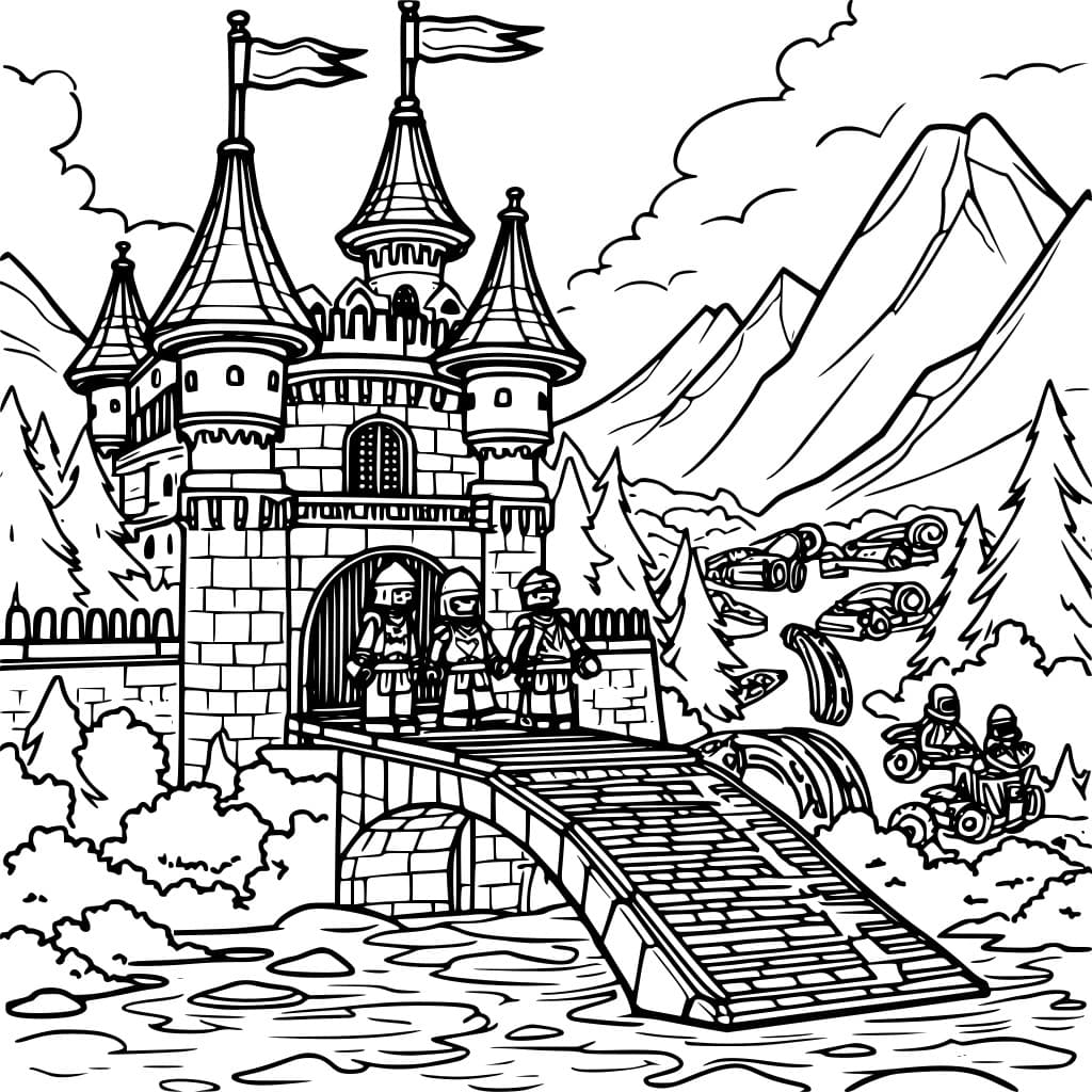 Coloring page of a Lego castle being defended by knights.
