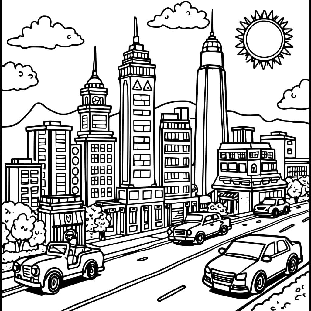 Coloring page of a Lego city skyline with various buildings.