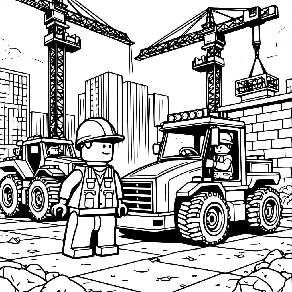 Coloring page of a bustling Lego construction scene.