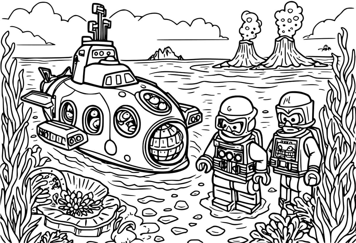 Coloring page of Lego deep-sea exploration with unusual creatures.