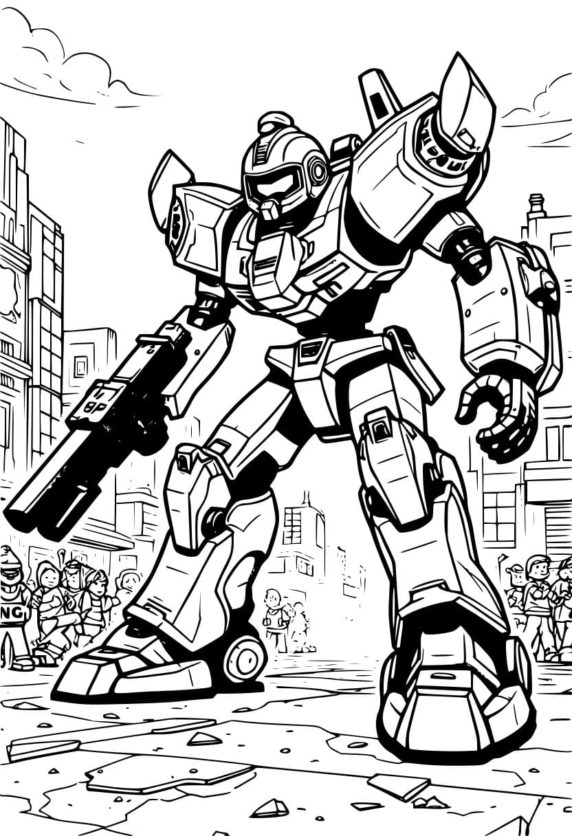 Coloring page of Lego mecha robots battling in a city.