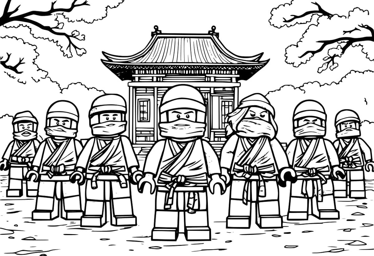 Coloring page of Lego ninjas training in a dojo.
