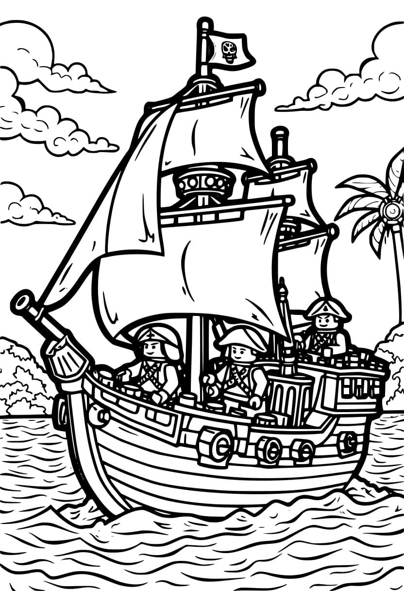 Coloring page of a Lego pirate ship with its crew.