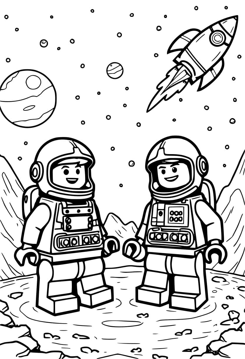 Coloring page of Lego astronauts on a space mission.