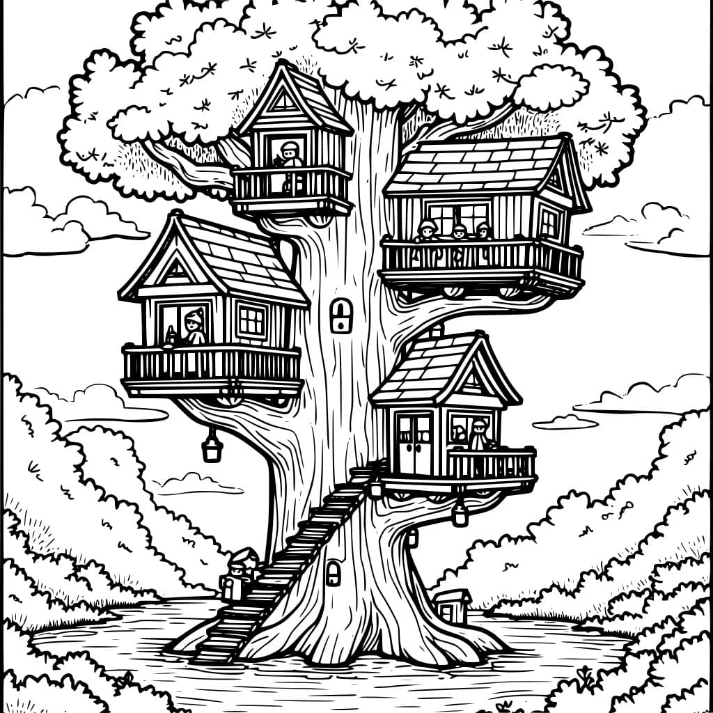 Coloring page of a Lego treehouse village in a forest.