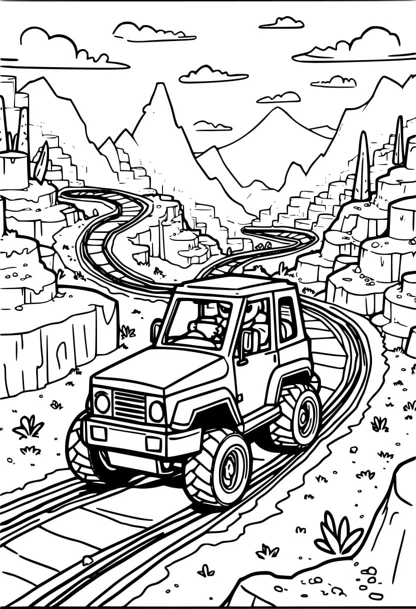 Coloring page of a thrilling Minecraft minecart ride.