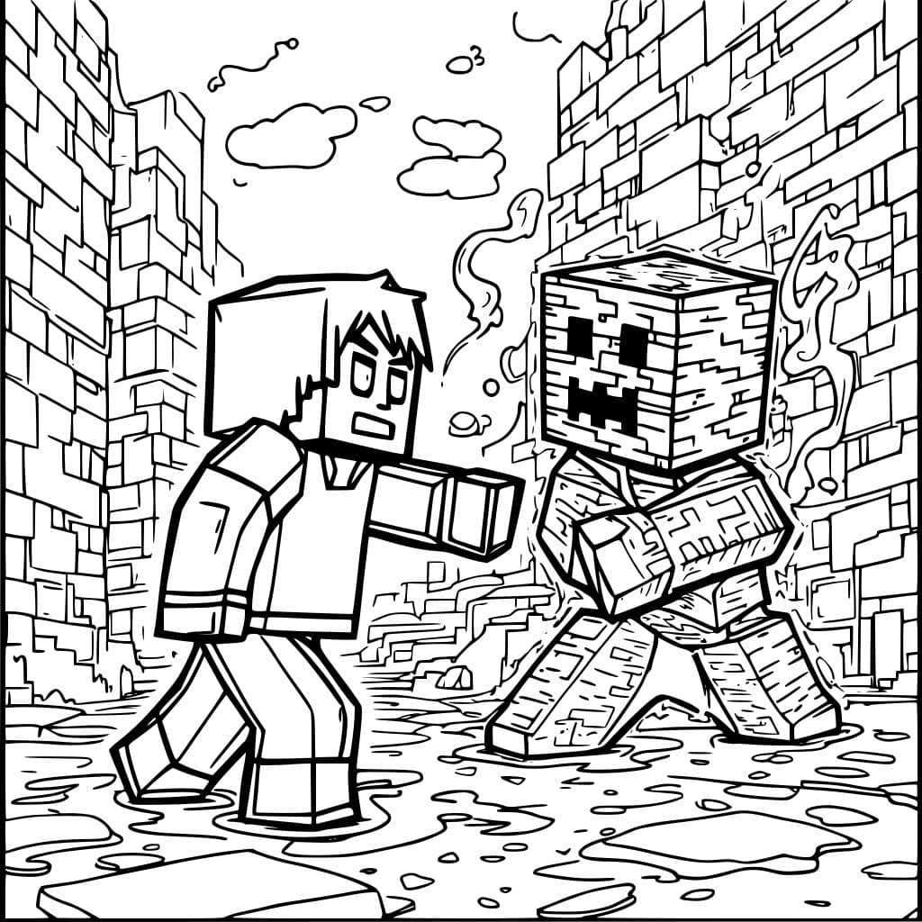 Coloring page of a battle in a Minecraft Nether Fortress.