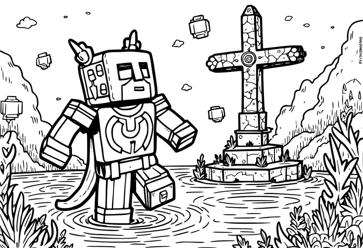 Coloring page of a Minecraft Elder Guardian at an ocean monument.