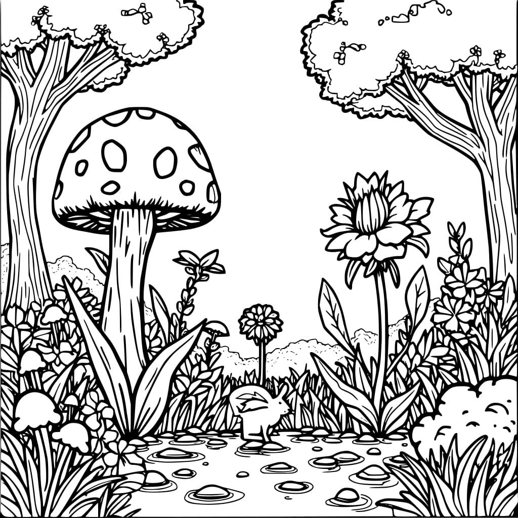 Coloring page of a colorful Minecraft flower forest.