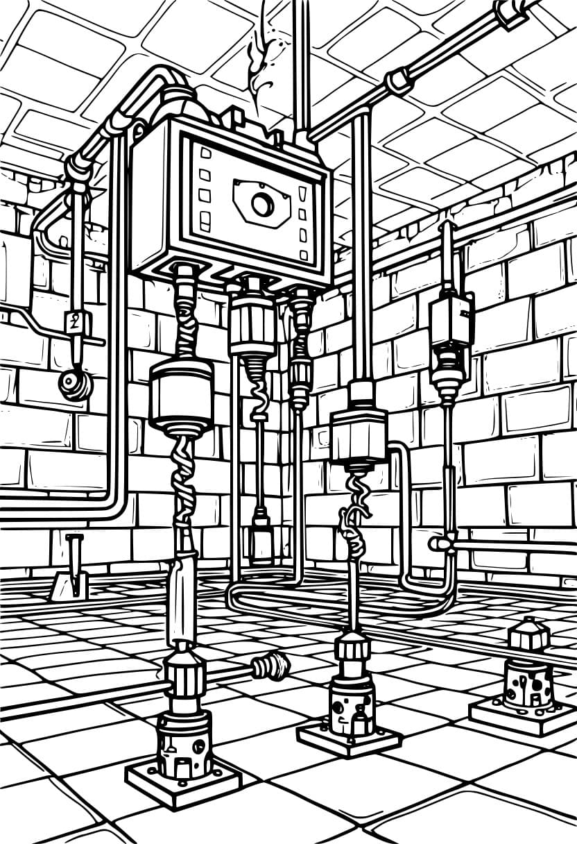 Coloring page of a complex Minecraft redstone machine.