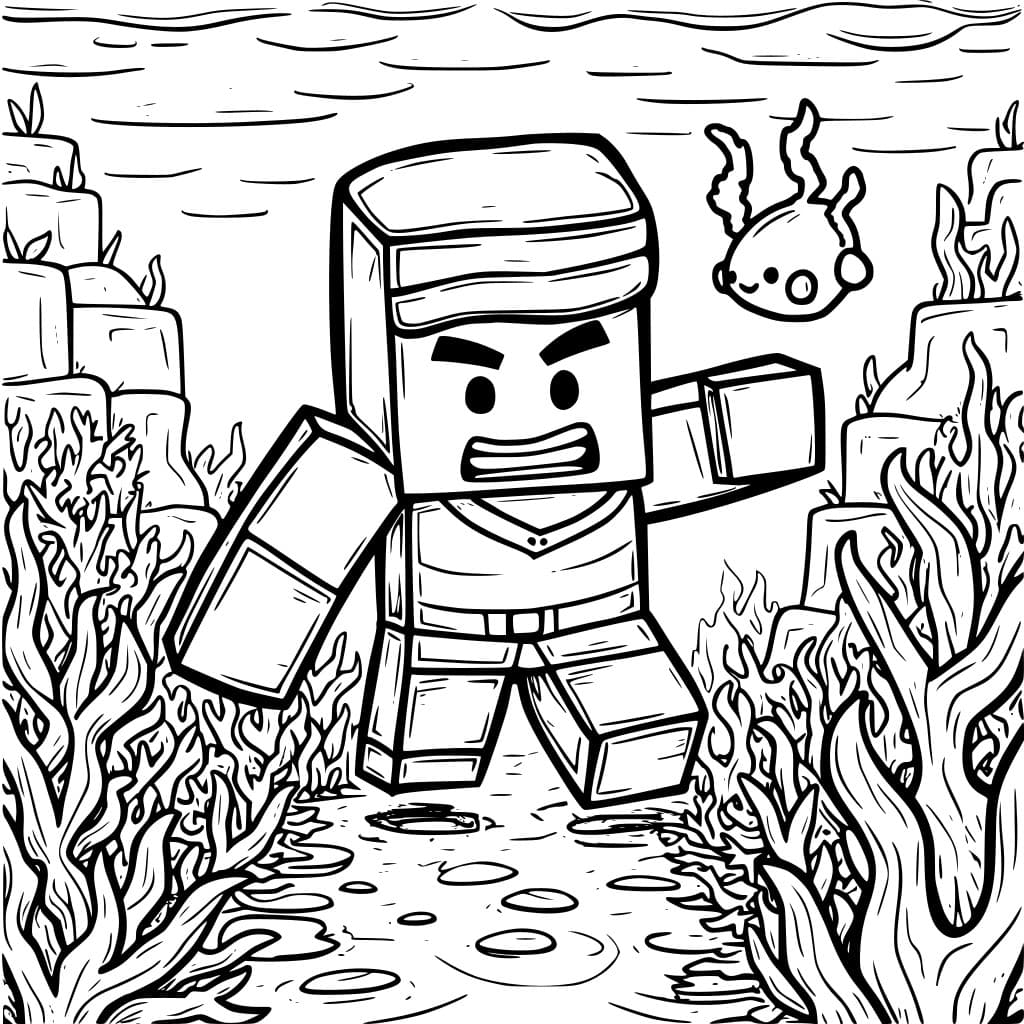 Coloring page of Minecraft underwater exploration scene.